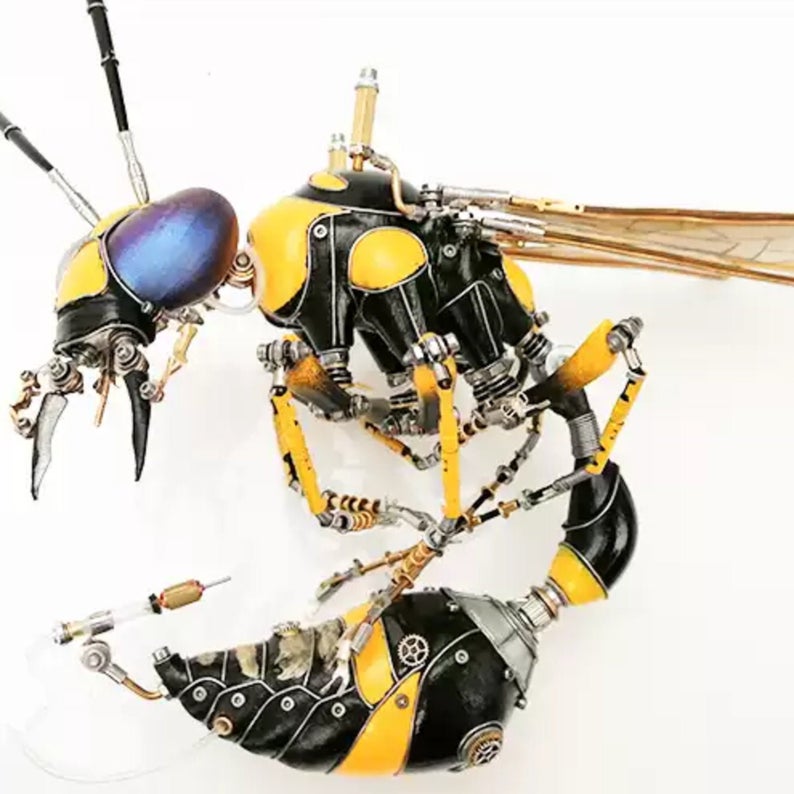 Mechanical Mutant Original Designed Handmade Mecha Hornet Made With Metal and Porcelain Cyberpunk Art Desk Table Decor Ornament Gift for Men