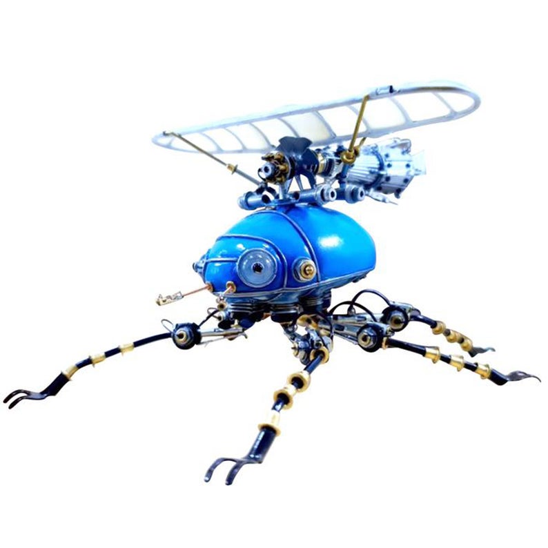 Mechanical Mutant Steampunk Beetle Metal 3D Blue Fixed Wing Scarab Sculpture Bug Tale Desk Decor Artwork Ornament Robots Aesthetic Art