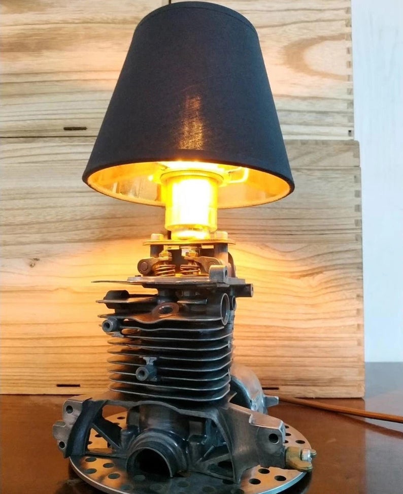 Industrial Table Desk Lamp Featured with Honda Motor Engine Base In Retro Vintage Steampunk Style Handmade Rustic Home Decor Mechanical Art