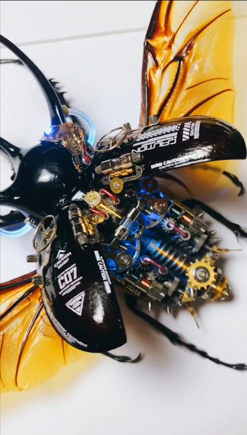 Steampunk Beetle Insect with Moving Wings Handmade Clockwork Real Chalcosoma Atlas Taxidermy Art Cyberpunk Sculpture Wall Decor Ornament